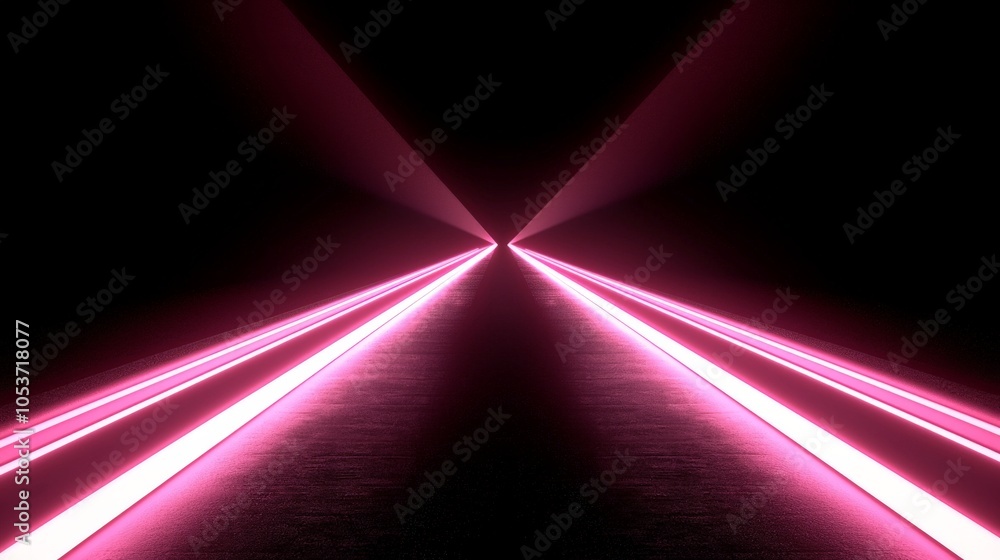 Poster a striking image of pink laser beams converging towards a point in a dark environment, creating a se