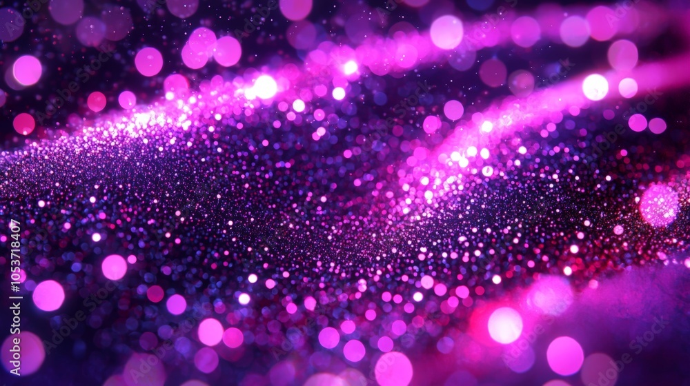Poster a mesmerizing display of glowing purple particles, creating an ethereal wave of light against a dark