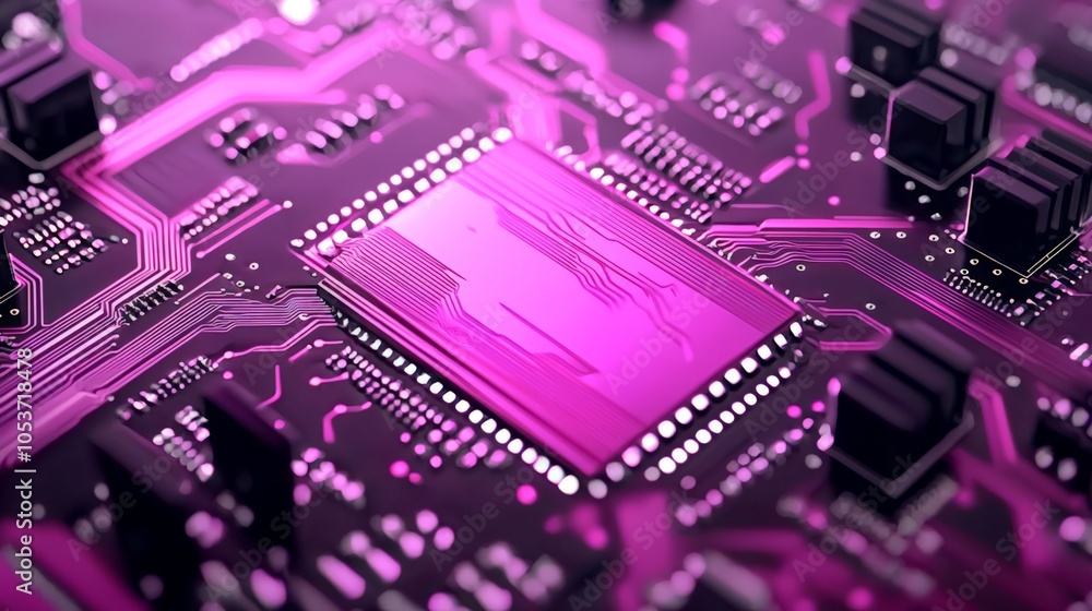 Poster a close-up of a vibrant pink circuit board showcasing intricate electronic components and a central 