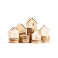 Miniature houses on stacked coins symbolizing real estate investment, financial growth, and property market. Isolated on white background.