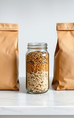 Three brown paper bags with central glass jar of layered seeds and grains on marble countertop created with generative AI