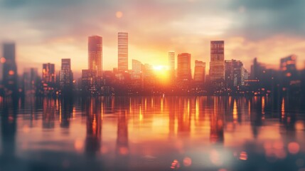 Fototapeta premium A dreamy sunset scene featuring blurred city buildings with their reflection shimmering in the water, capturing the tranquil essence of urban life.