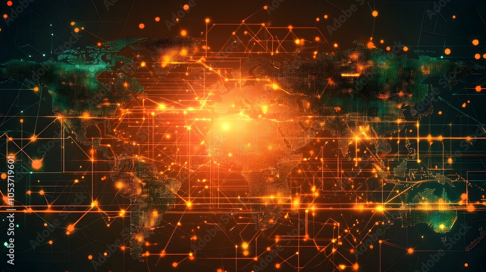 Poster interconnected digital world map showing global media transfer and tech network concept