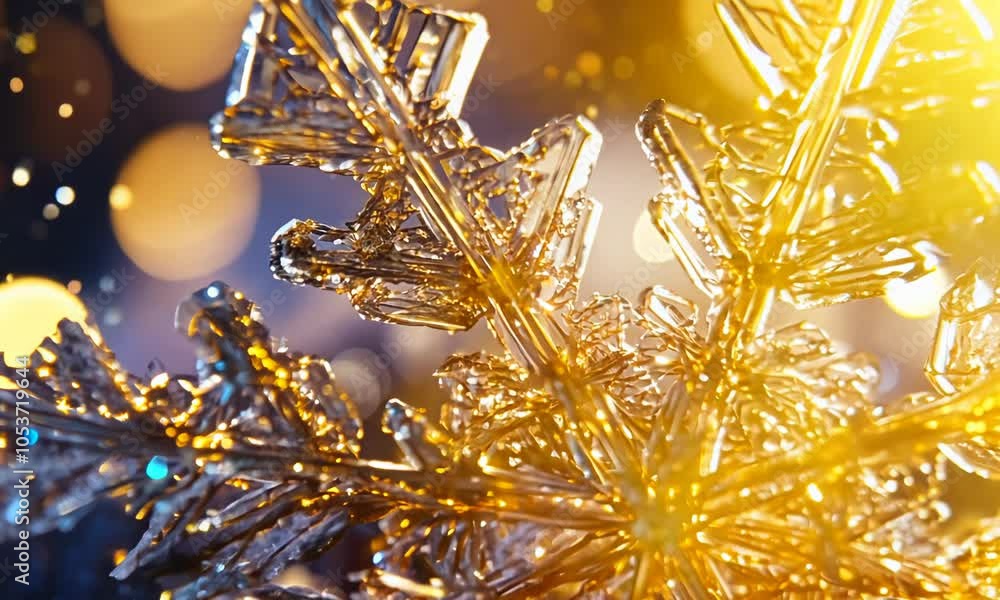 Poster a close-up of a snowflake, its intricate details highlighted with shimmering gold paint, capturing t