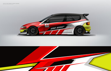 Fototapeta premium Car wrap livery design Hatchback sporty racing style red color combination, printable file decal and vinyl. ready print vector eps 10