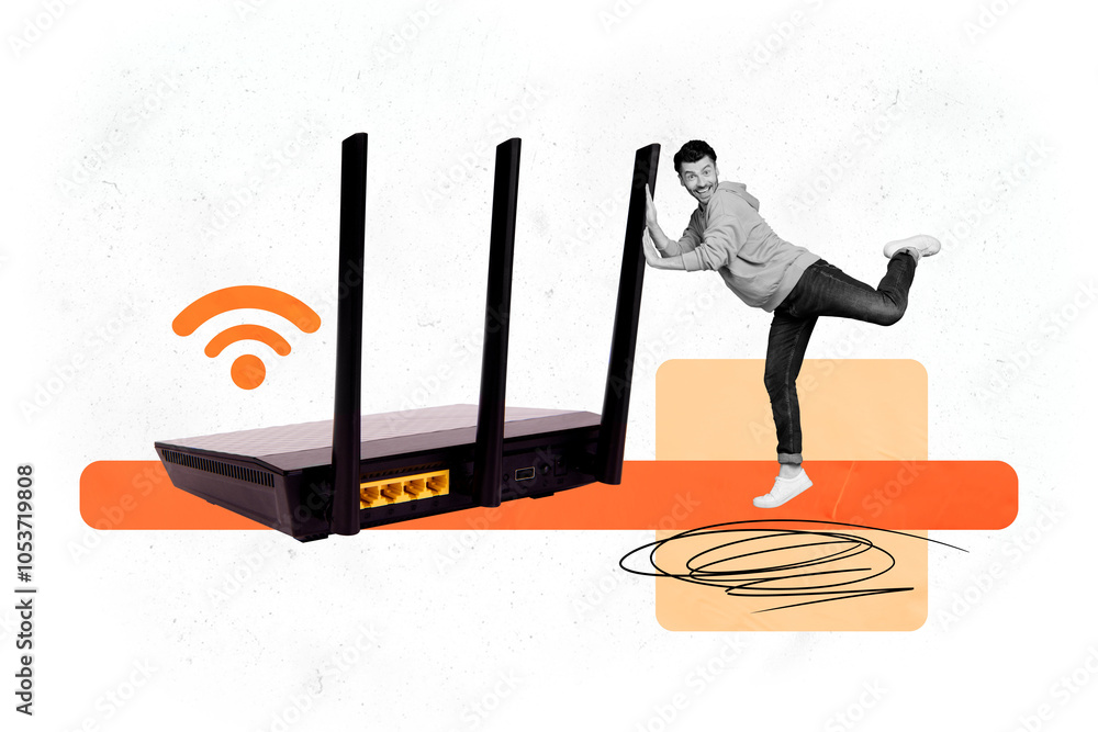 Poster creative collage image young man wifi router broadcast hotspot digital device modern technology netw