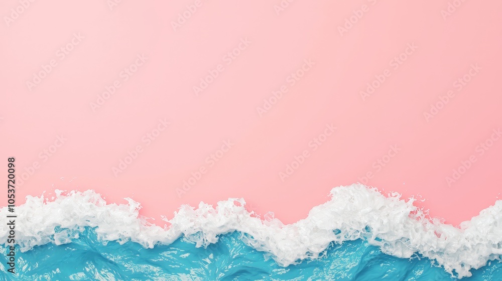 Poster a serene scene featuring ocean waves crashing against a soft pink backdrop, creating a calming and a