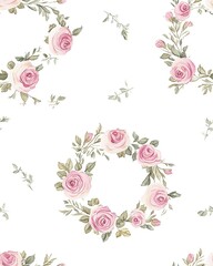 Floral wreaths with pastel tones Seamless pattern of hand-drawn floral wreaths in pastel colours with leaves and small flowers. 