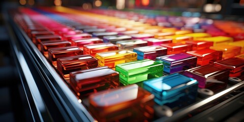 Fototapeta premium A symphony of color emerges from an assembly line of shiny rectangular prisms, each showcasing a vibrant hue in a harmonious arrangement.