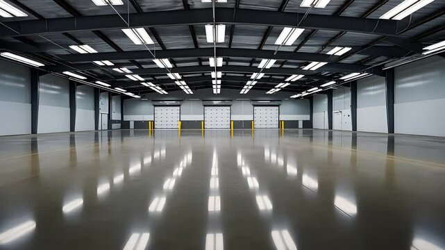 Spacious empty industrial warehouse interior with polished floor

