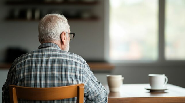 Elderly man sitting alone in a minimalist kitchen savoring a peaceful morning coffee and taking a moment of solace and reflection  The serene natural lighting and clean - Powered by Adobe