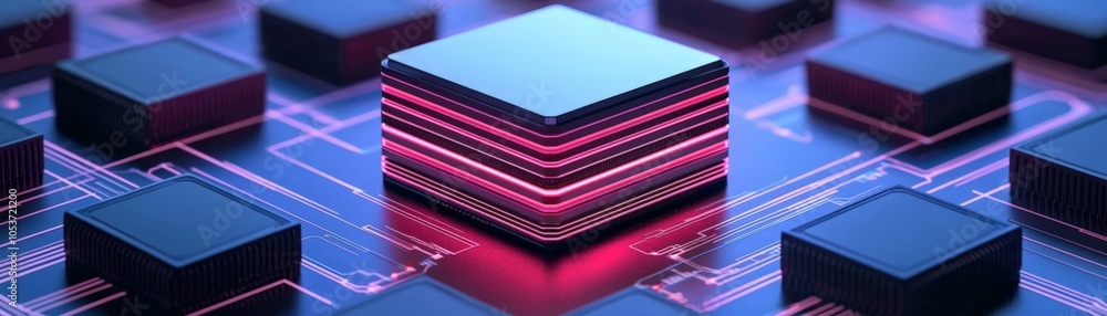 Poster a futuristic depiction of a processor with glowing layers, surrounded by dark chips and an intricate