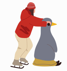 Girl learning to skate, penguin on skates for teaching kids and toddlers. Ice skating with help on the rink for kids. Amateur sport.. Vector illustration. Back view.