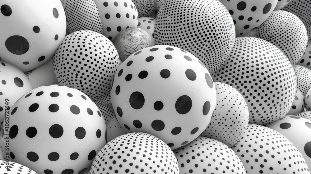 Poster a collection of white spheres with various black dot patterns, creating a visually striking monochro