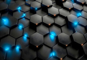 Abstract background with blue glowing hexagons on a dark gray wall, a futuristic design for a technology concept.