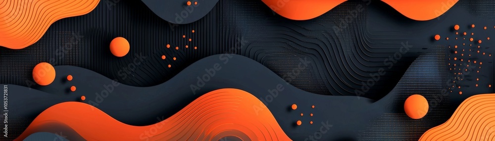 Poster abstract design featuring wavy shapes in vibrant orange and dark shades, creating a modern, dynamic 