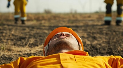 An industrial worker lies on the ground appearing to be suffering from heat exhaustion while emergency responders in uniform provide assistance amid a rural