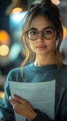 Young woman holding documents.