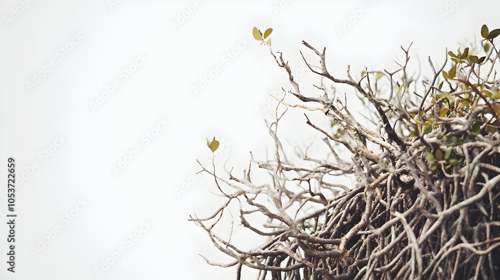Poster intricate mangrove roots extending into serene minimal white space