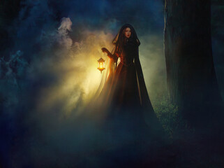photo real person, gothic woman queen walking in dark dense fog forest hands hold lantern lamp...