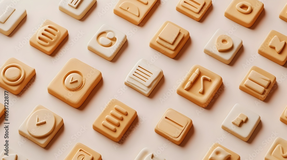 Poster Minimal Clay Symbols in Organized Grid Formation with Soft Lighting
