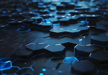 Obraz premium Abstract background with blue glowing hexagons on a dark gray wall, a futuristic design for a technology concept.