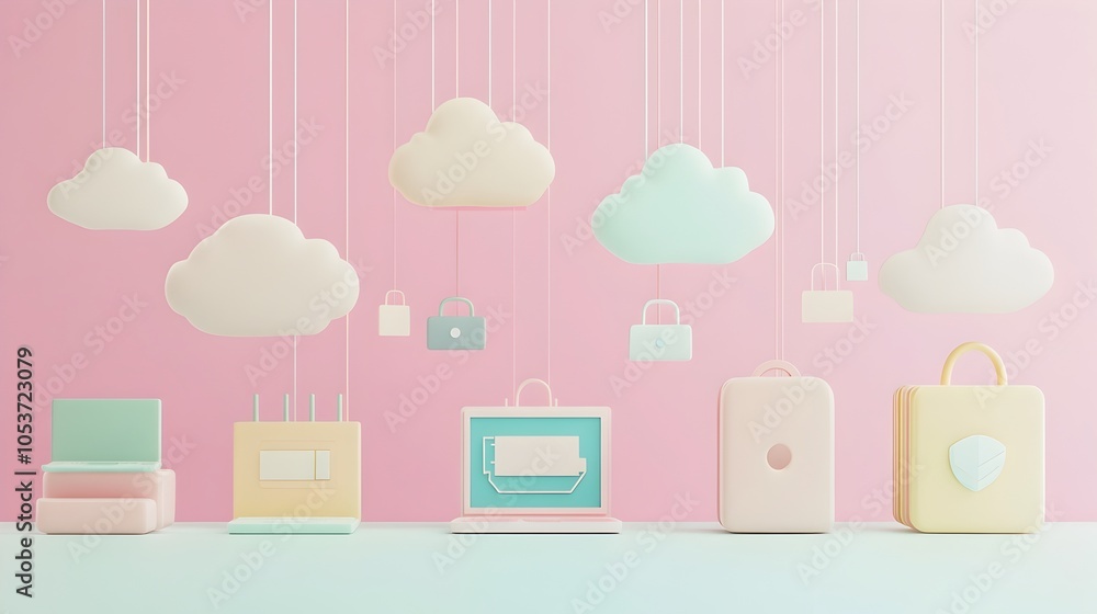 Poster pastel-colored clay devices with floating file sharing symbols