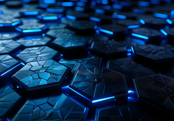 Obraz premium Abstract background with blue glowing hexagons on a dark gray wall, a futuristic design for a technology concept.