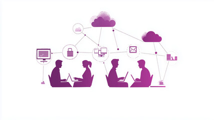 Illustration of professionals engaged in a connected digital space, showcasing teamwork, online data access, and seamless workflow integration. Perfect for visualizing modern tech and business.