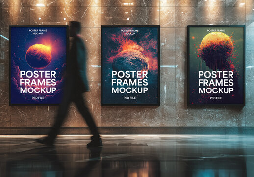 Indoor poster mockup with 3 posters