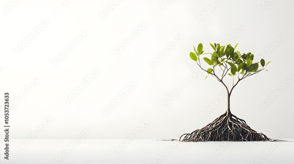 Poster vibrant mangrove sapling with visible root system on clean backdrop
