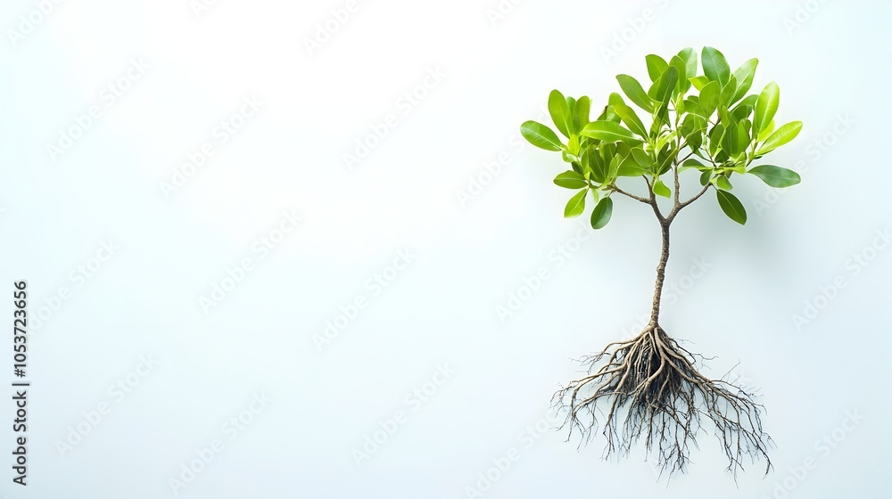 Poster mangrove sapling with visible root system on clean white backdrop