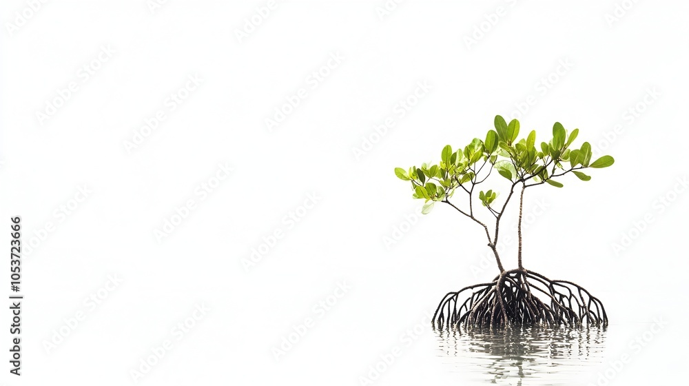 Poster mangrove sapling with visible root system on clean white backdrop