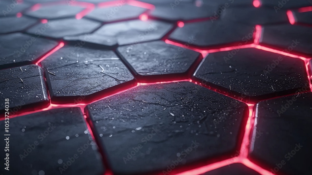 Poster futuristic hexagonal pattern with glowing red lines on dark surface ideal for technology and digital