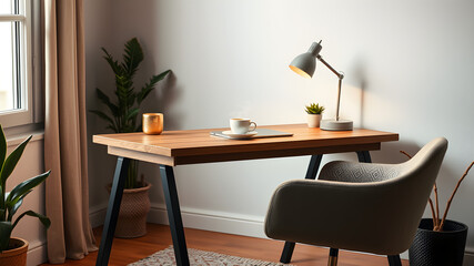 A desk with a lamp and a cup of coffee on it