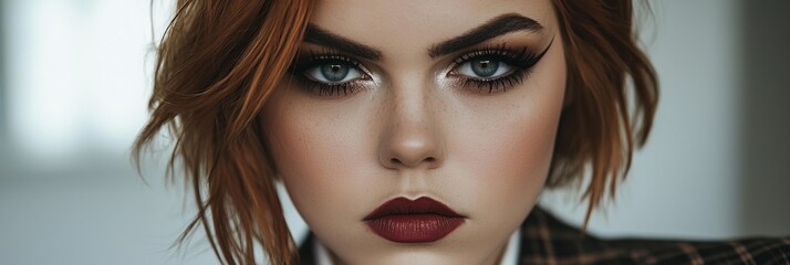 Fototapeta premium A tight shot of a woman with long red hair, wearing dark eyeliners and donning a checkered blazer