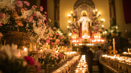 Fototapeta premium Feast of St. Francis Xavier, view of church decorated with candles and flowers, people gathered solemnly to pray, Ai generated images