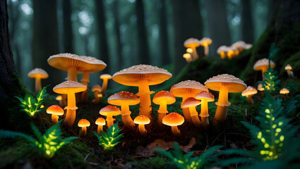 Fototapeta premium captivating forest scene featuring glowing mushrooms surrounded by lush greenery, creating magical and enchanting atmosphere. soft light enhances beauty of nature