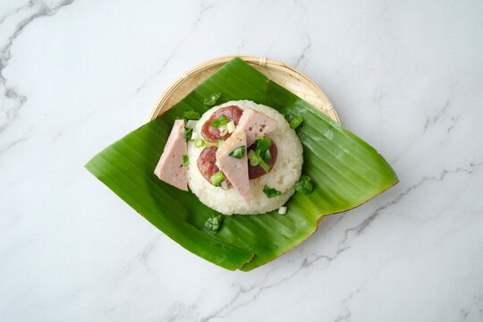 Sticky rice topped with green onions and meatloaf .
