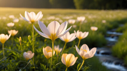 Obraz premium picturesque meadow filled with delicate white flowers basking in warm sunlight, creating serene and tranquil atmosphere. gentle stream adds to beauty of this natural scene