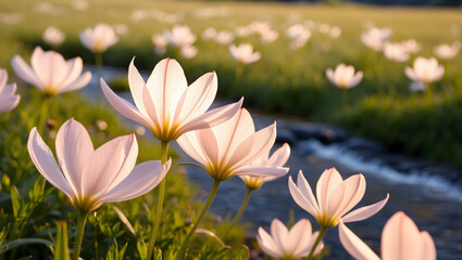Fototapeta premium picturesque meadow filled with delicate flowers gently swaying in breeze, creating serene and tranquil atmosphere. soft colors and flowing stream enhance beauty of nature