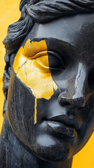 Close-up of cracked black marble statue with vibrant yellow accent