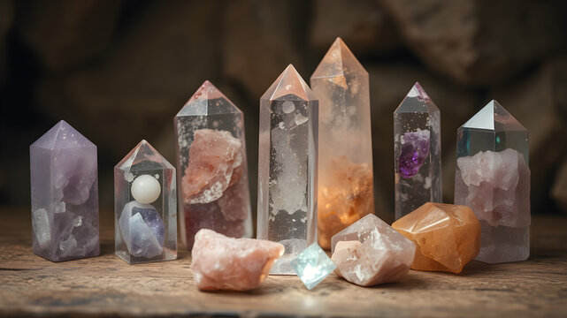 Semi precious stones. Magic crystals, spiritual esoteric practice for relax and meditation.  AI generated image, ai