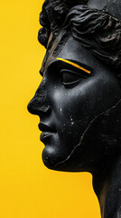 Close-up of cracked black marble statue with vibrant yellow accent