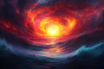 Obraz premium A swirling vortex of fiery clouds with a bright light at the center above a dark blue sea.