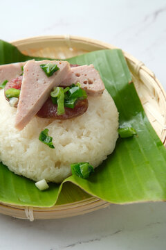 Sticky rice topped with green onions and meatloaf .