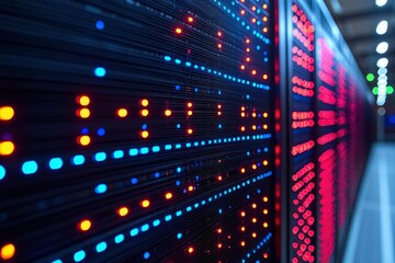 Fototapeta premium Close-up of server racks with blue, orange, and red lights