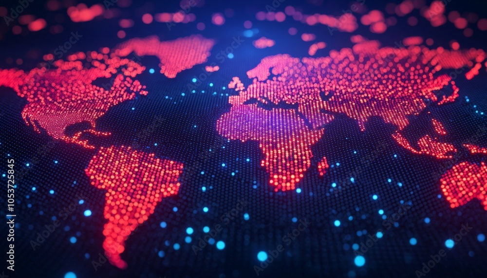 Poster a vibrant digital map of the world, illuminated with intricate patterns of red and blue lights on a 