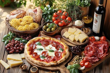 Tag der italienischen Küche feiern mit typischen Essen aus Italien, Pizza, Pasta, Salami, Käse, Tomaten, Basilikum