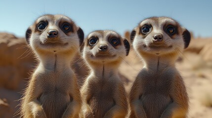Three meerkats with curious expressions looking at the camera